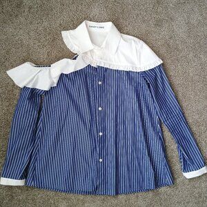 Sandy Liang Asymmetric Blue and White Button Down Shirt